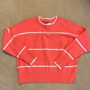 Lands' End Women's Coral and White Striped Crewneck Sweater